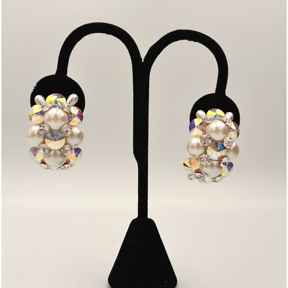 Vintage Aurora Borealis Crystal Faux Pearl Cluster Clip On Earrings Silver